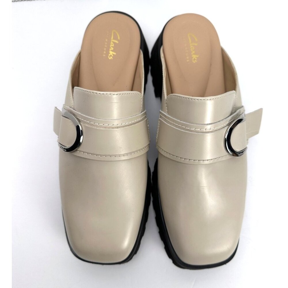 CLARKS Women's Stayso Free Shoes Ivory Leather Size 10 Mule Slip On Chunky Lug - Picture 3 of 12